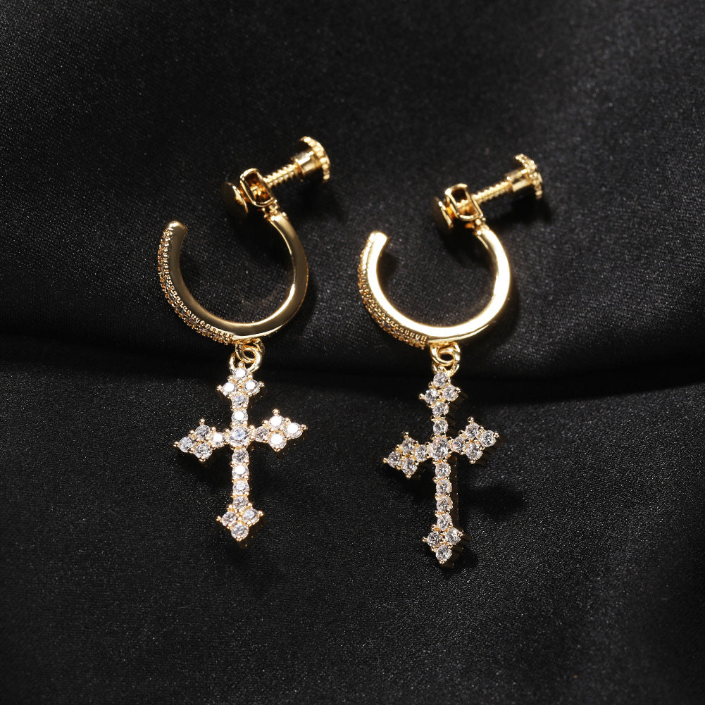 Men’s Cross Dangle Hoop Earrings with Cubic Zirconia – Gold Plated & Silver Plated Spiral Clip Style