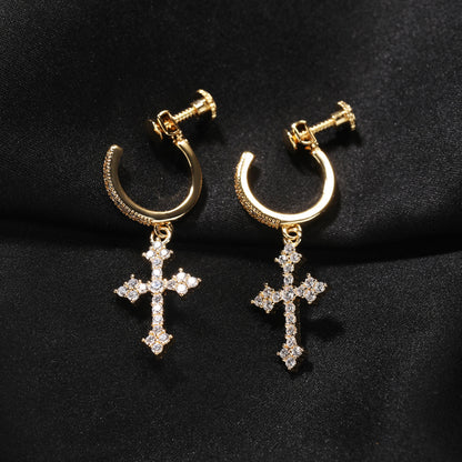 Men’s Cross Dangle Hoop Earrings with Cubic Zirconia – Gold Plated & Silver Plated Spiral Clip Style