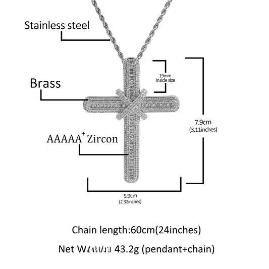 Iced Out Cross Pendant Necklace for Women Men - Cubic Zirconia Copper Hip Hop Chain in Gold or Silver, 24 Inch Twist Chain