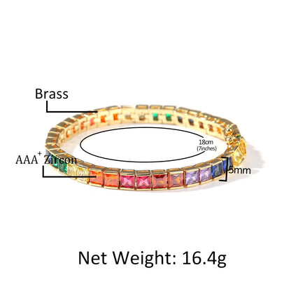 Gold Plated Rainbow Cubic Zirconia Tennis Bracelet for Women - Trendy Geometric Statement Chain Bracelet