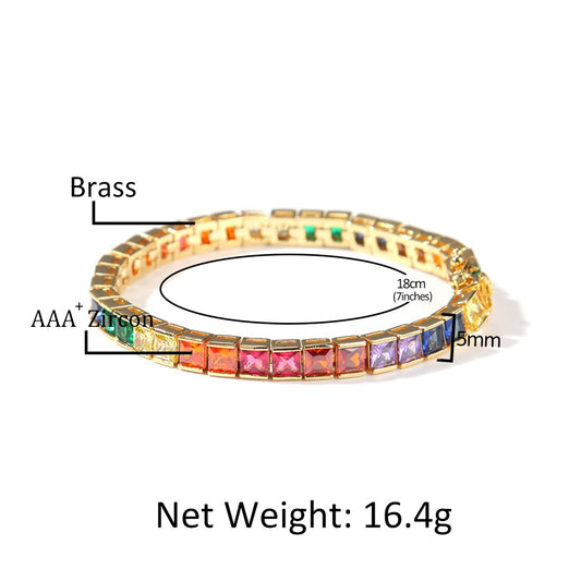 Gold Plated Rainbow Cubic Zirconia Tennis Bracelet for Women - Trendy Geometric Statement Chain Bracelet