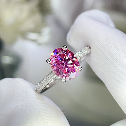 Pink Oval Moissanite Ring for Women, Classic Pavé Band Engagement Ring, 1 Carat or 2 Carat