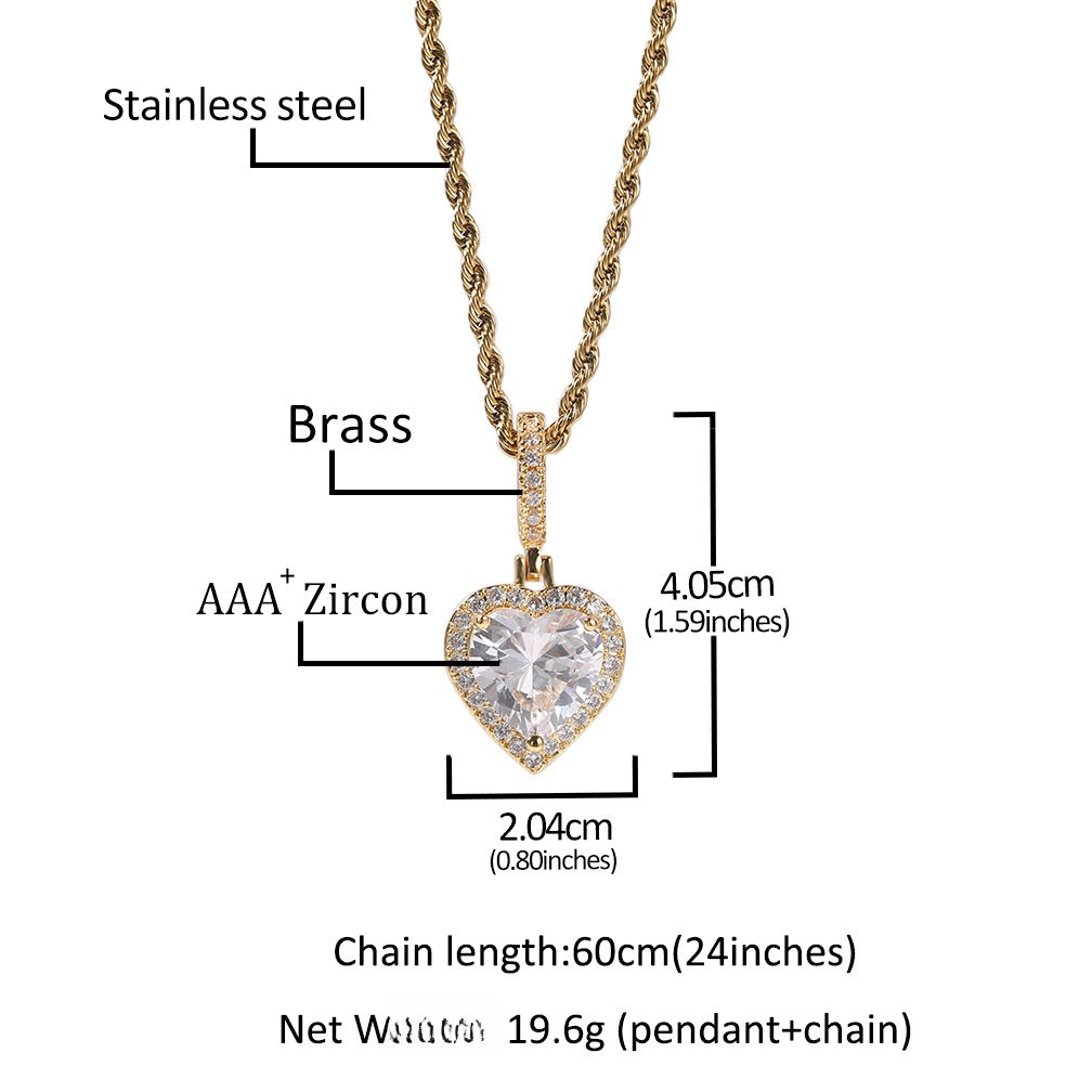Heart Shape Cubic Zirconia Pendant Necklace for Women – Silver Plated & Rose Gold Tone Hip Hop Statement Chain, 24 Inch Twist Necklace