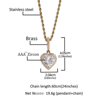 Heart Shape Cubic Zirconia Pendant Necklace for Women – Silver Plated & Rose Gold Tone Hip Hop Statement Chain, 24 Inch Twist Necklace