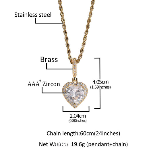 Heart Shape Cubic Zirconia Pendant Necklace for Women – Silver Plated & Rose Gold Tone Hip Hop Statement Chain, 24 Inch Twist Necklace