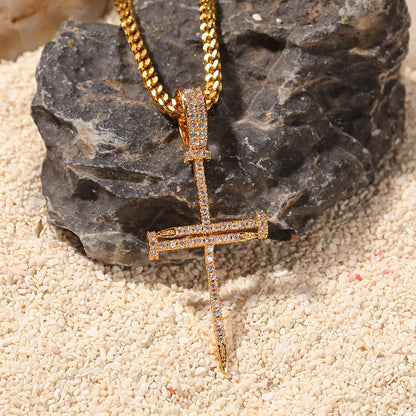 Iced Cross Pendant Necklace for Men with Cubic Zirconia Twist Chain, Gold Plated or Silver Plated Statement Chain Necklace