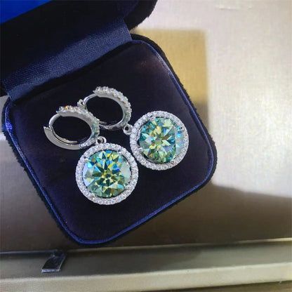 Green Moissanite Halo Drop Hoop Earrings for Women, Round Dangle Earrings, Gift-Ready Dressy Daily Style