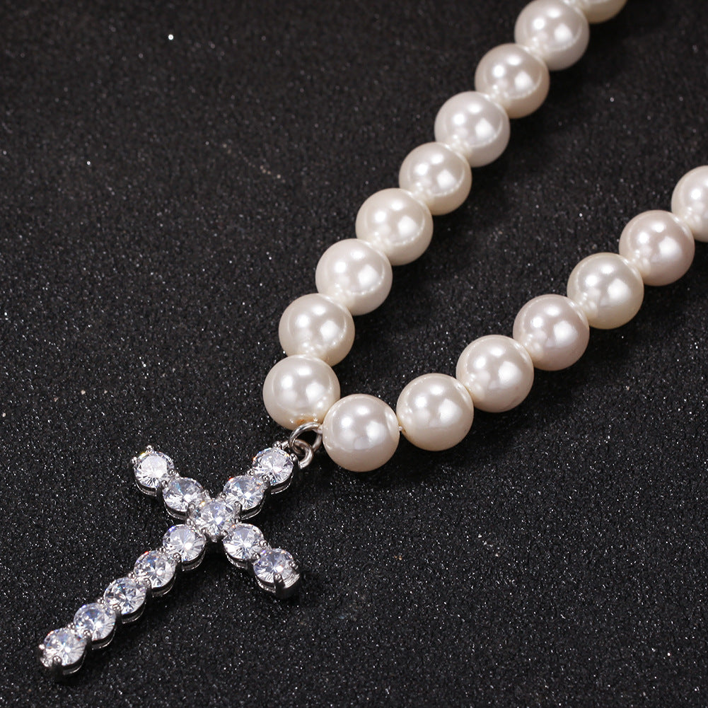 Unisex Pearl Beaded Necklace with Cubic Zirconia Cross Pendant, Hip Hop Statement Chain product image