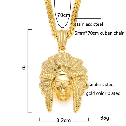 Stainless Steel Statement Pendant Necklace with Cuban Chain - Skull or Feather Headdress Charm in Gold Plated or Silver Tone