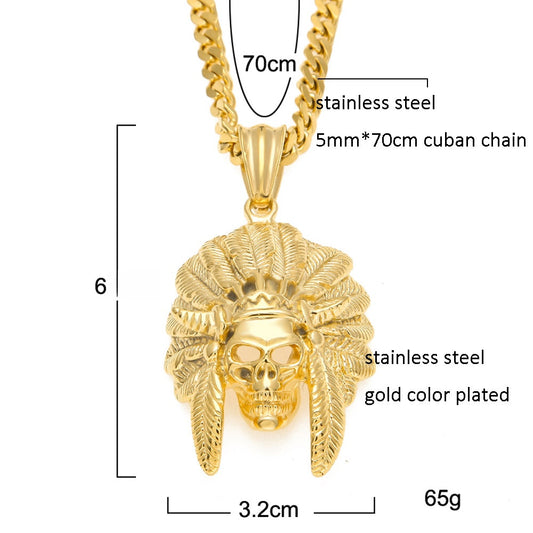 Stainless Steel Statement Pendant Necklace with Cuban Chain - Skull or Feather Headdress Charm in Gold Plated or Silver Tone