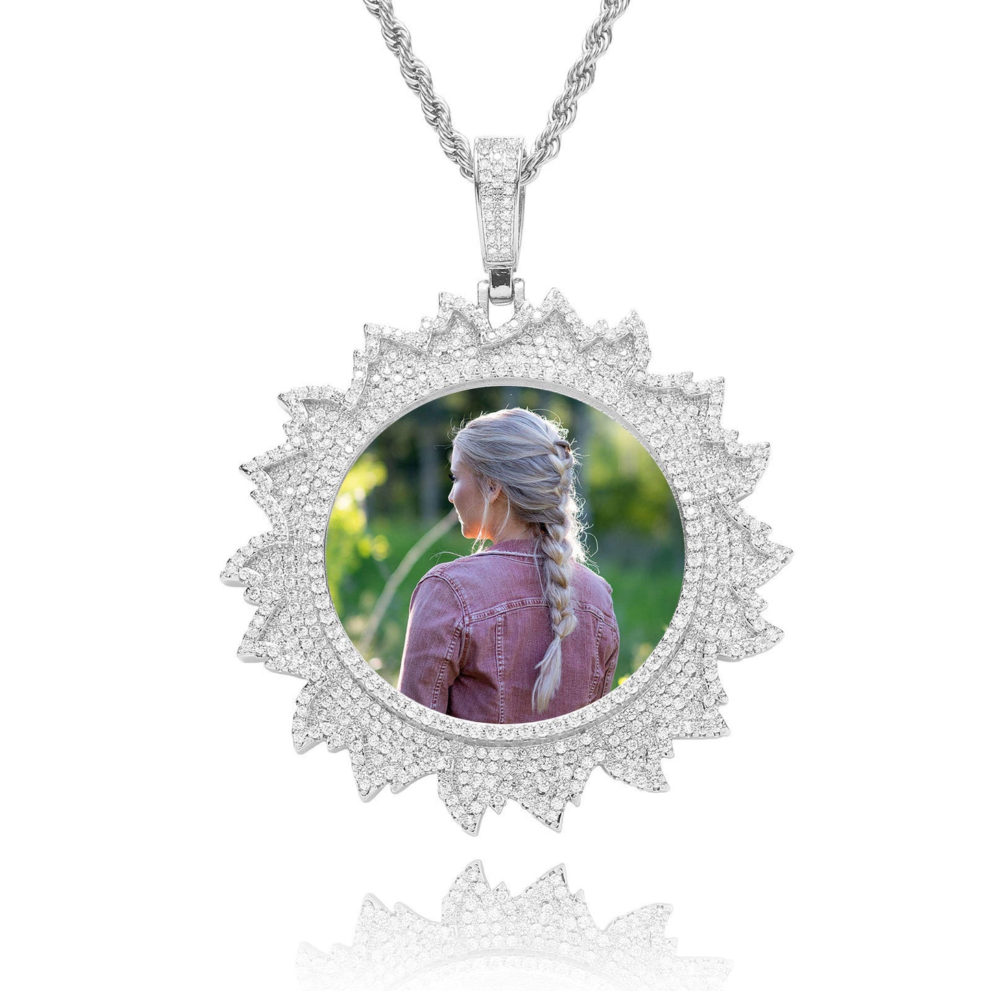 Hip Hop Floral Round Photo Copper Pendant Necklace for Men and Women