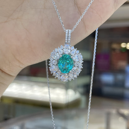 Oval Teal Halo Pendant Necklace, 925 Silver Chain, Elegant Gift Box Jewelry