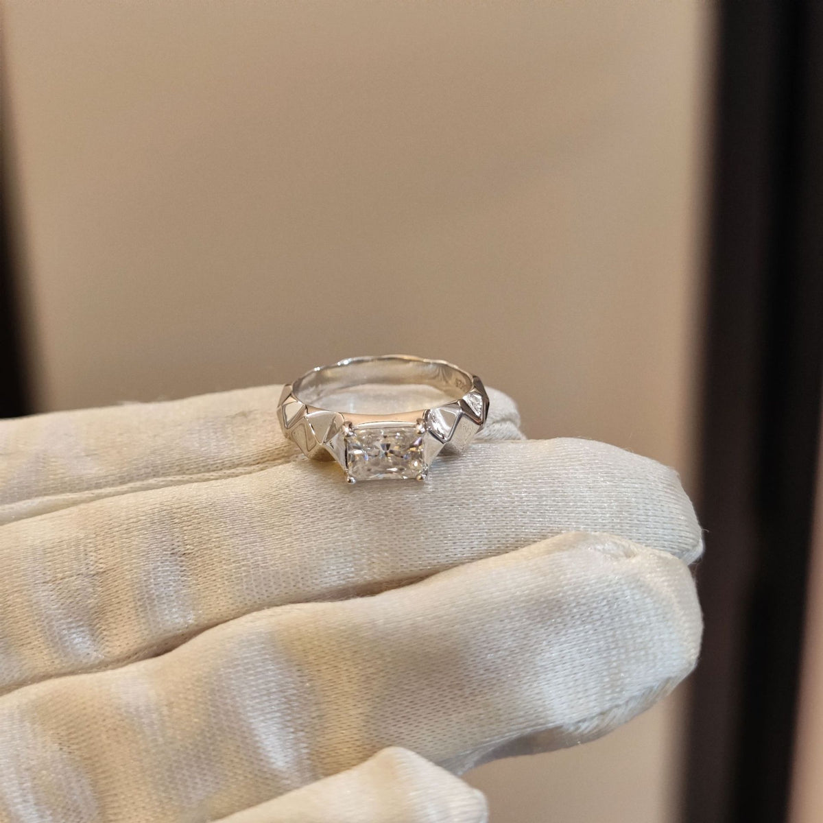 1ct Radiant Cut Moissanite Solitaire Ring, Geometric S925 Silver Band product image