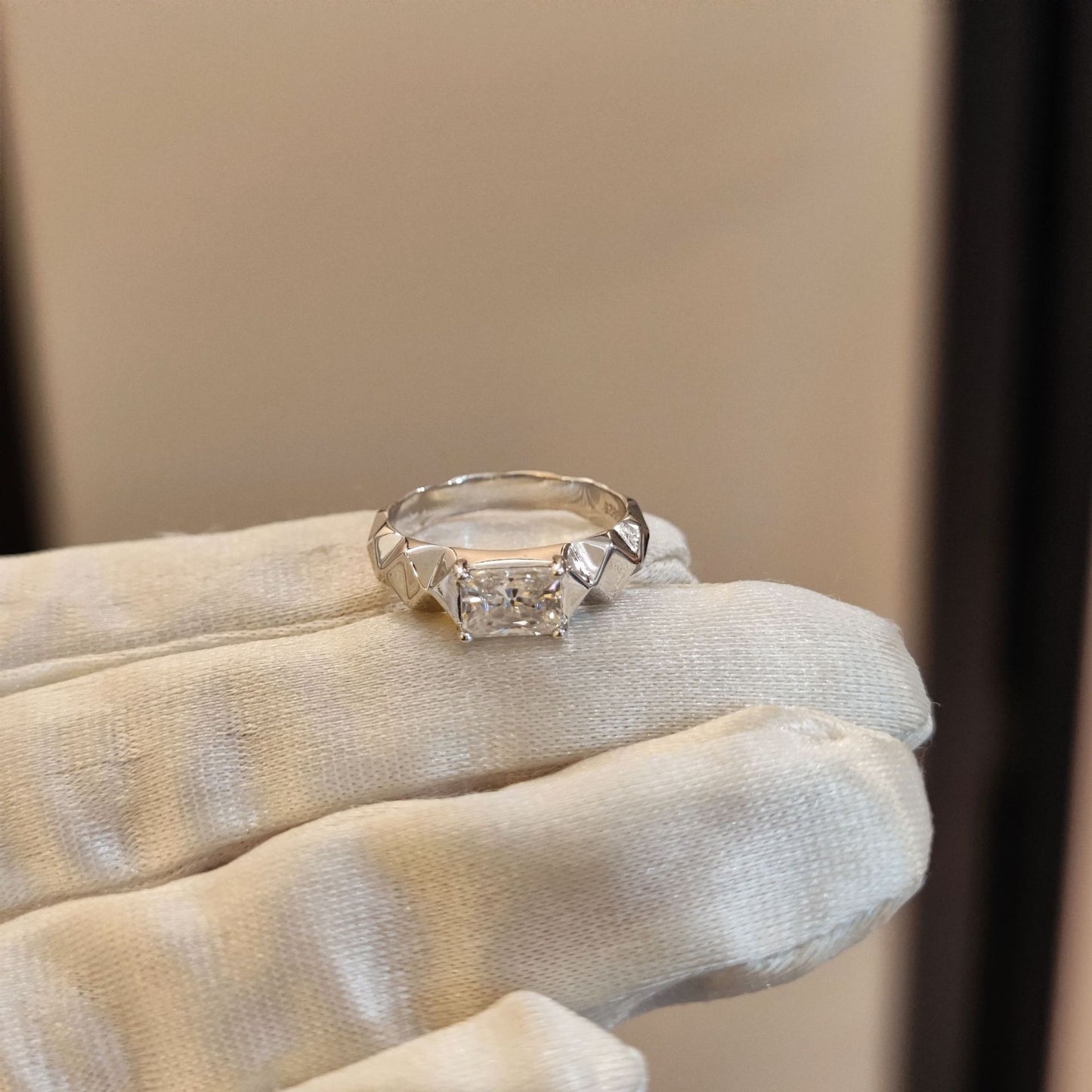 1ct Radiant Cut Moissanite Solitaire Ring, Geometric S925 Silver Band product image