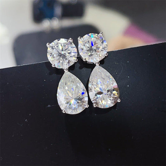 16 Carat D Color Moissanite Teardrop Drop Earrings in Silver
