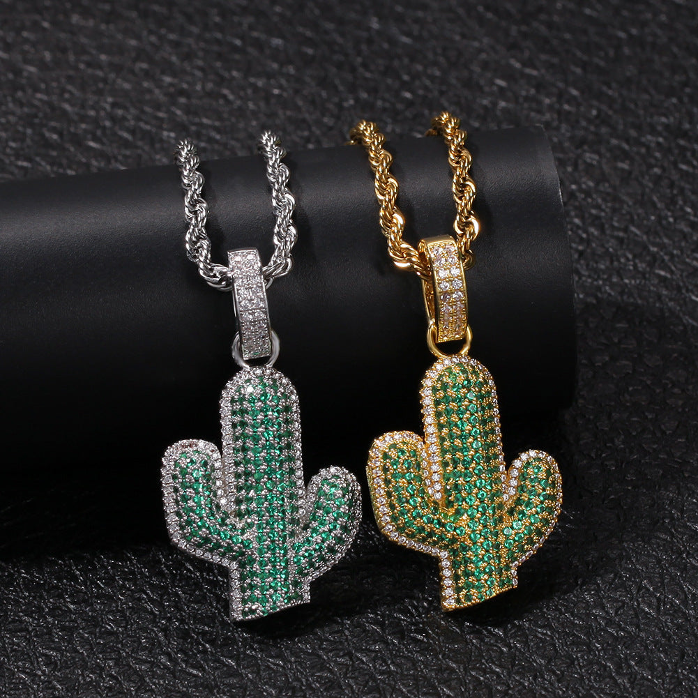 Iced Cactus Pendant Necklace for Women & Men - Cubic Zirconia Statement Chain in Gold or Silver Tone