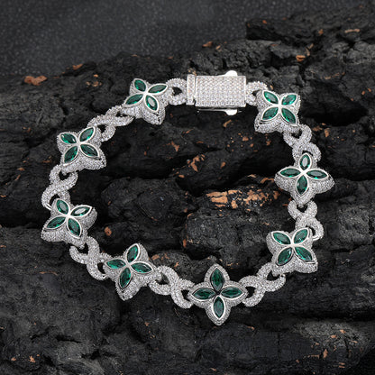 Clover Cuban Link Cubic Zirconia Bracelet & Necklace, Unisex Hip Hop Jewelry