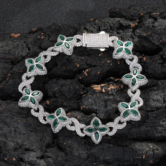 Clover Cuban Link Cubic Zirconia Bracelet & Necklace, Unisex Hip Hop Jewelry