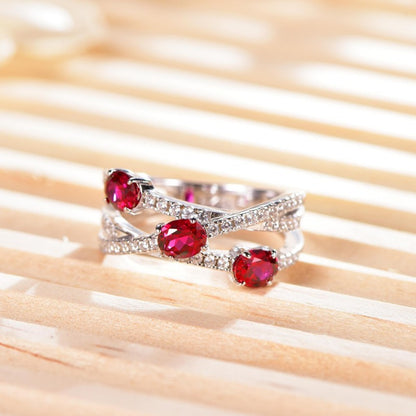 S925 Red Ruby Crossover Geometric Ring for Women
