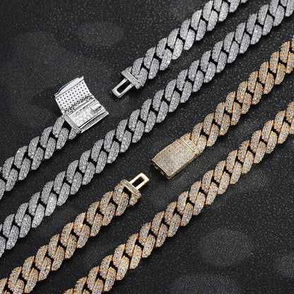 10mm Iced Out Cuban Link Chain Necklace & Bracelet, Double Row Zirconia Hip Hop Jewelry, Unisex Plated Copper