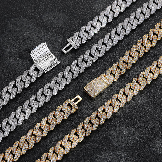 10mm Iced Out Cuban Link Chain Necklace & Bracelet, Double Row Zirconia Hip Hop Jewelry, Unisex Plated Copper