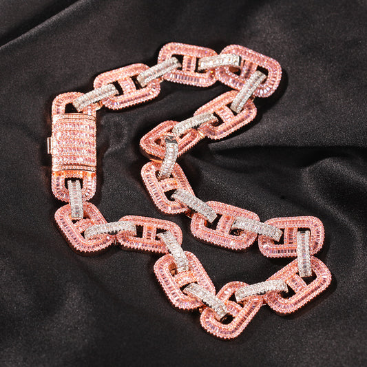 Iced Out Rectangular Link Chain Necklace Pendant for Women & Men - Gold Plated, Silver Plated or Pink White Cubic Zirconia Statement Hip Hop Chain