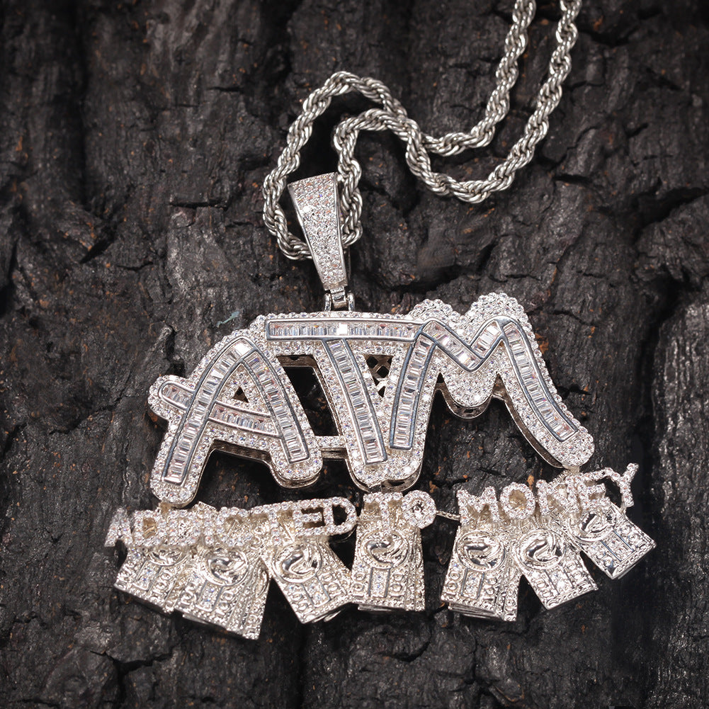 Iced Out ATM Letter Pendant Necklace for Women & Men - Gold Plated or Silver Plated Cuban Twist Chain with Cubic Zirconia Statement Charm