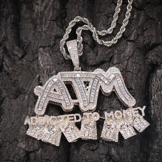 Iced Out ATM Letter Pendant Necklace for Women & Men - Gold Plated or Silver Plated Cuban Twist Chain with Cubic Zirconia Statement Charm