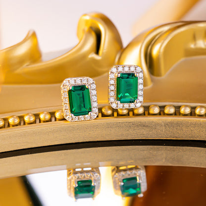 Lab-Grown Emerald Octagon Halo Stud Earrings for Women, S925 Silver