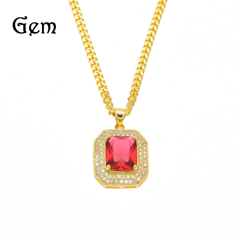 Gold Plated Blue Cubic Zirconia Rectangle Pendant Necklace with 60cm Cuban Chain