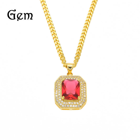 Gold Plated Blue Cubic Zirconia Rectangle Pendant Necklace with 60cm Cuban Chain