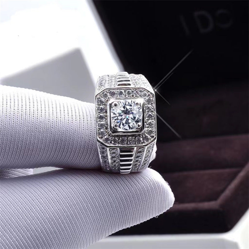 Men’s Moissanite Halo Ring in PT950 Platinum, U-Shape Wedding Engagement Ring product image