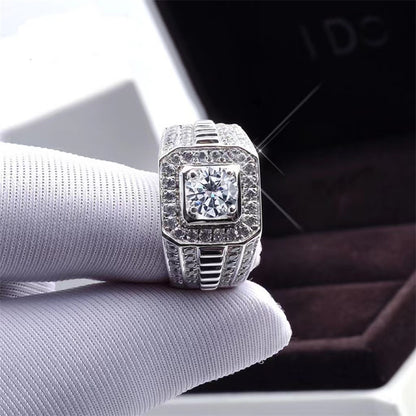 Men’s Moissanite Halo Ring in PT950 Platinum, U-Shape Wedding Engagement Ring