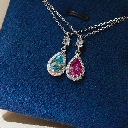 Teardrop Halo Pendant Necklace with Chain, Pink or Green Stone Drop Necklace for Women