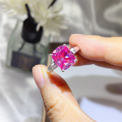 Pink Cushion Cut Moissanite Ring for Women, Geometric Halo Style Engagement Ring, 3 Carat or 5 Carat