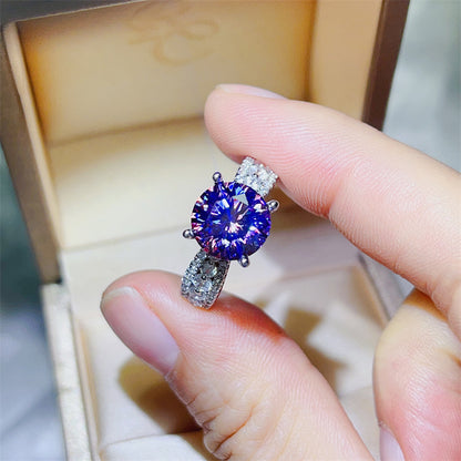 Purple Moissanite Ring for Women, Round Cut Engagement Ring with Pavé Band