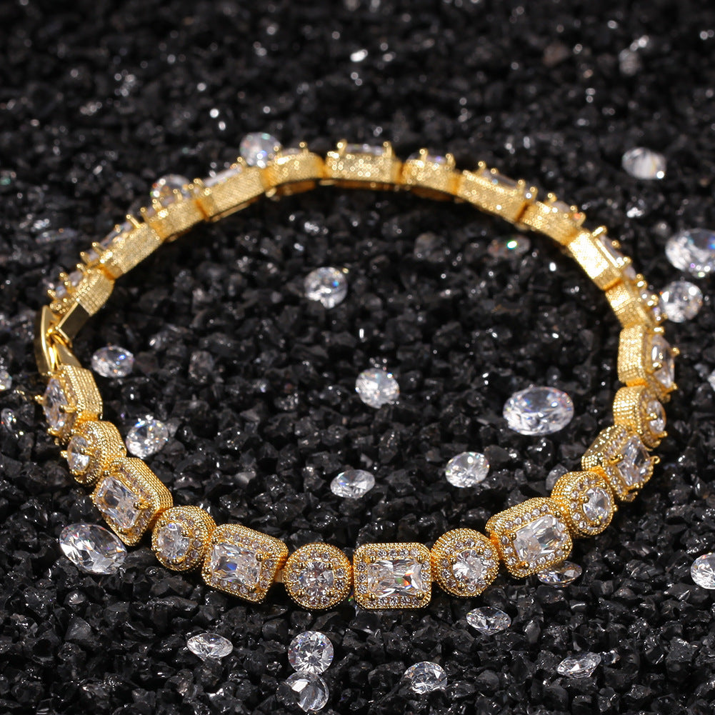 Unisex Hip Hop Cubic Zirconia Tennis Bracelet in Gold or Silver Tone - Round & Square Link Chain, 7 Inch / 8 Inch