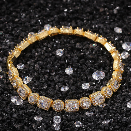 Unisex Hip Hop Cubic Zirconia Tennis Bracelet in Gold or Silver Tone - Round & Square Link Chain, 7 Inch / 8 Inch