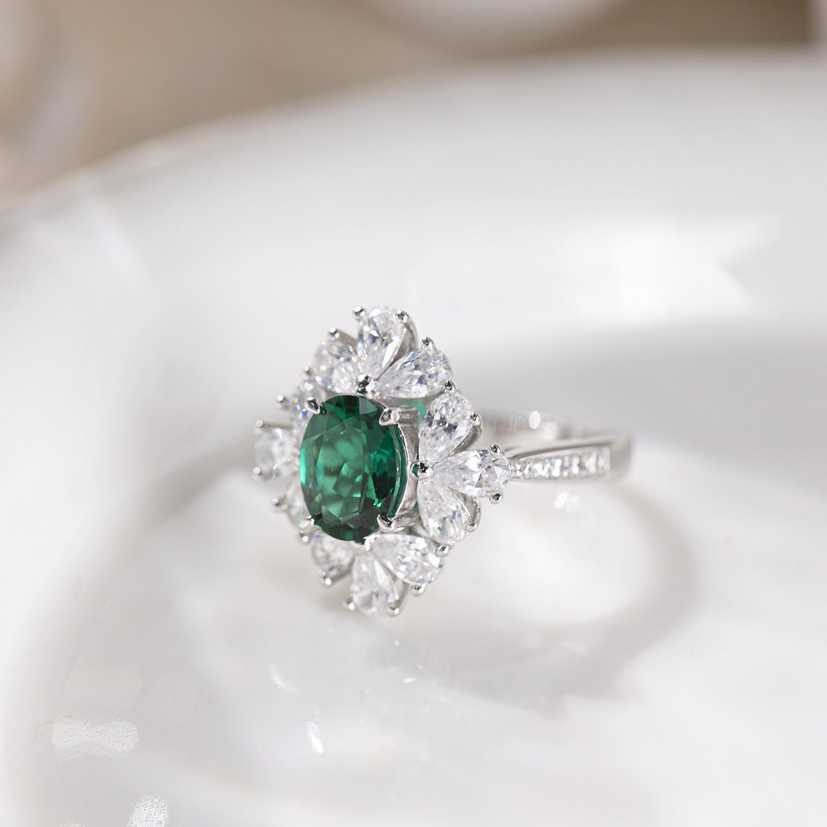 Green Lab-Grown Emerald Halo Ring, S925 Sterling Silver Ring for Women product image
