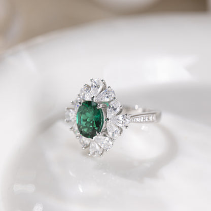 Green Lab-Grown Emerald Halo Ring, S925 Sterling Silver Ring for Women