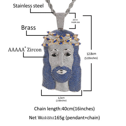 Iced Out Blue Cubic Zirconia Jesus Face Pendant Necklace with 24 Inch 3mm Twist Chain