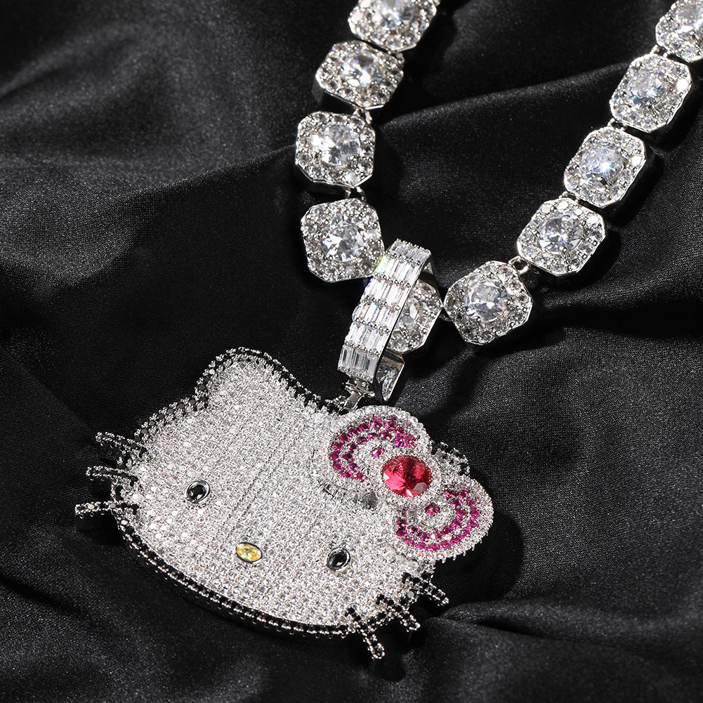 Iced Cat Pendant Necklace with Cubic Zirconia Twisted Chain for Women and Men