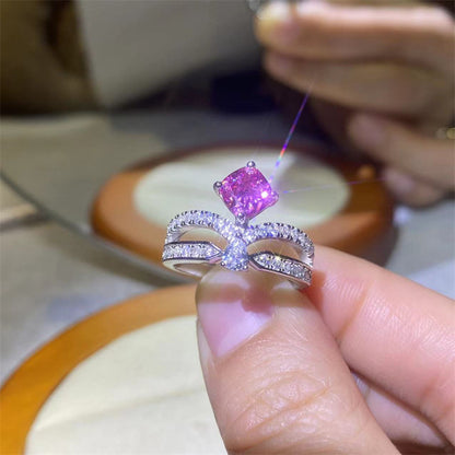 Pink or White 1 Carat Moissanite Ring for Women, Cushion Cut Crossover Band Engagement Ring