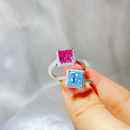Princess Cut Halo Moissanite Ring for Women, Pink or Blue Engagement Ring, S925 Polished Statement Ring