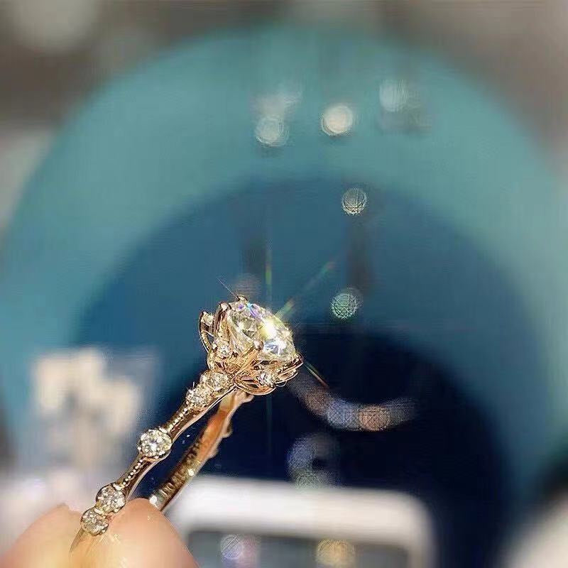 Moissanite Flower Halo Ring for Women, Floral Engagement Ring, Wedding Promise Ring, Rose Tone or White Tone product image