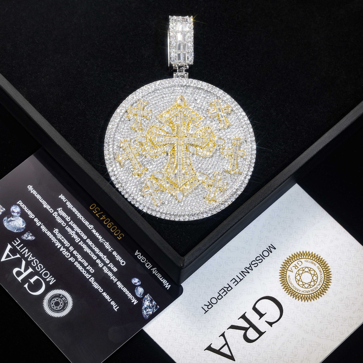 925 Silver Moissanite Cross Disc Pendant Necklace, Hip Hop Streetwear Chain