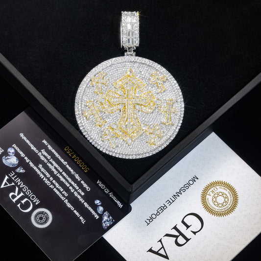 925 Silver Moissanite Cross Disc Pendant Necklace, Hip Hop Streetwear Chain