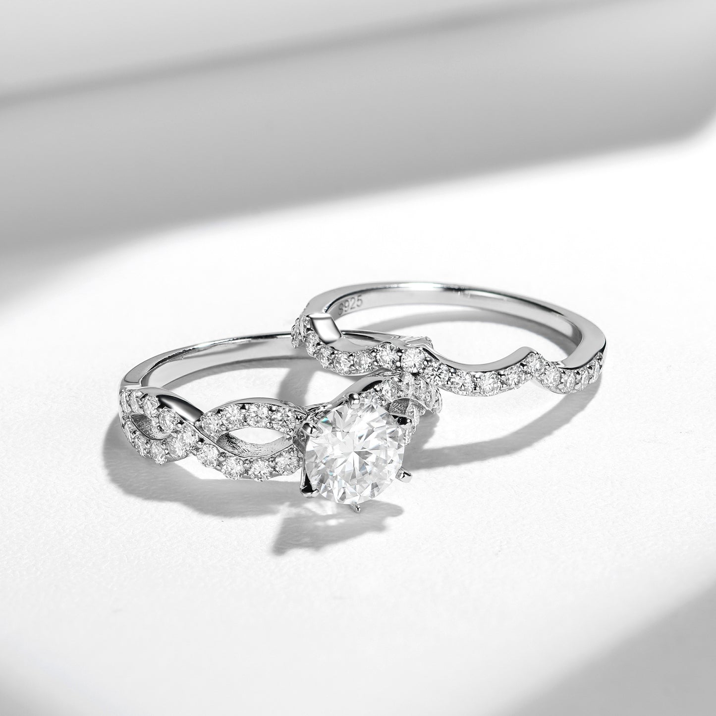 Round Moissanite Solitaire Wave Stackable Engagement Ring Set product image