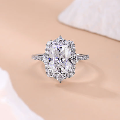 Radiant Cut Moissanite Halo Ring, 8x10 925 Sterling Silver Engagement Ring