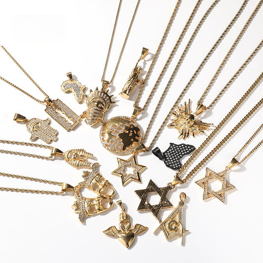 Hip Hop Stainless Steel Pendant Necklace for Men & Women – Iced Star, Map, Statue & Skull Chain Necklace Collection
